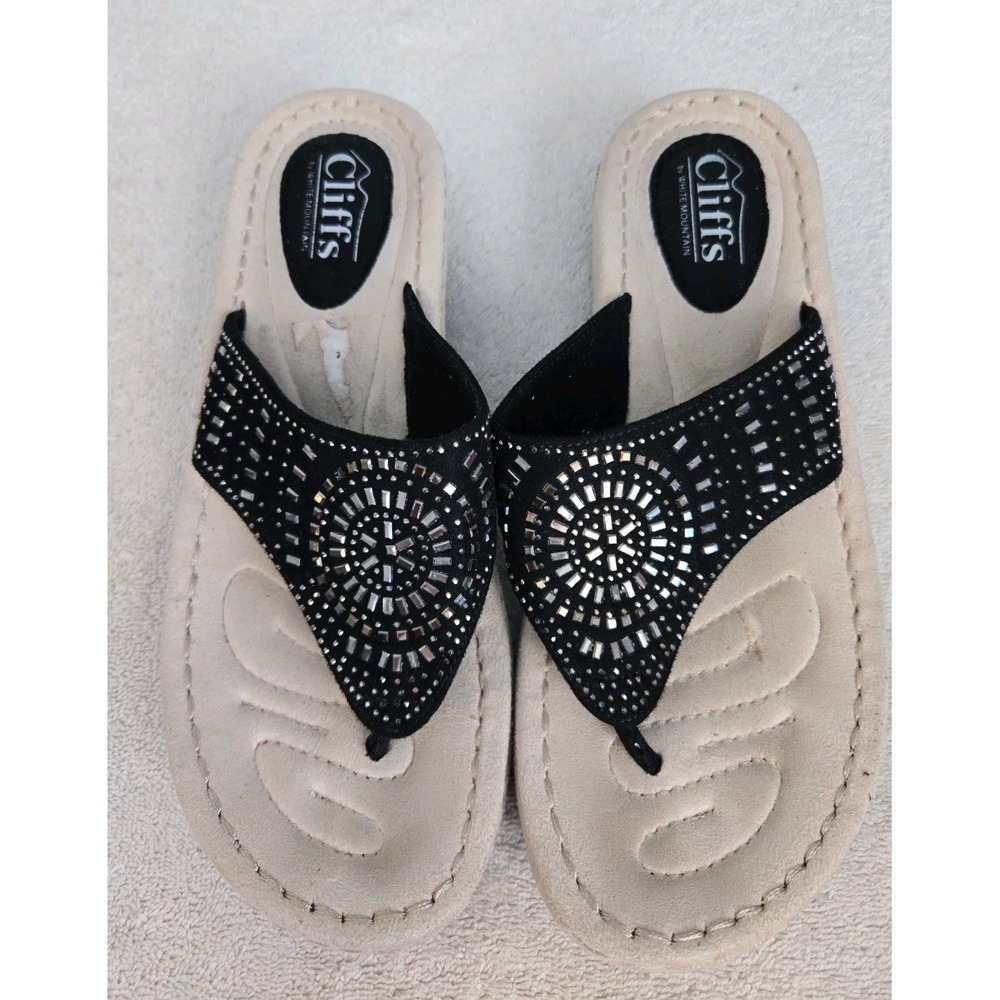 CLIFFS CARLOTTA Black Rhinestone Slip-on Flip Flop Sandals Shoes Womens 8